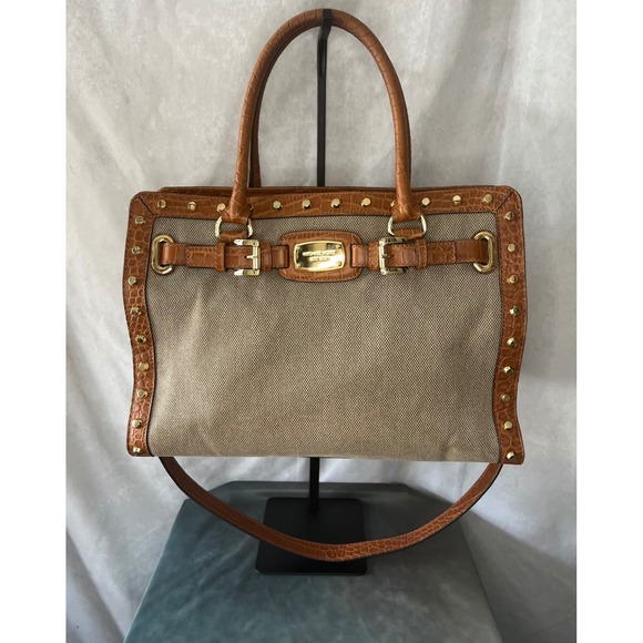 Michael Kors Hamilton Legacy Satchel Croc Embossed Leather Hemp Shoulder Bag - Picture 1 of 12